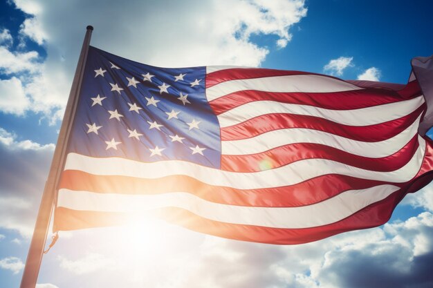 Гордо парящий американский флаг в сияющем небе AR 32