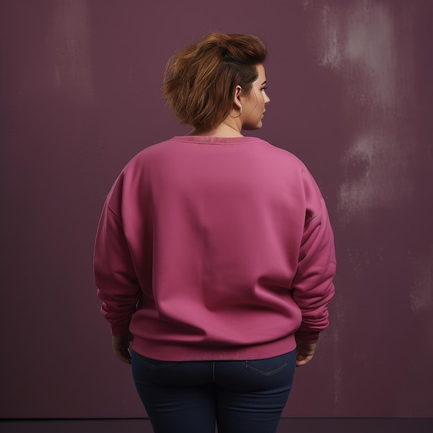 Proudly Stylish Dark Pink Crewneck Sweatshirt Transforms Curvy Women Captivating Back View in Stu