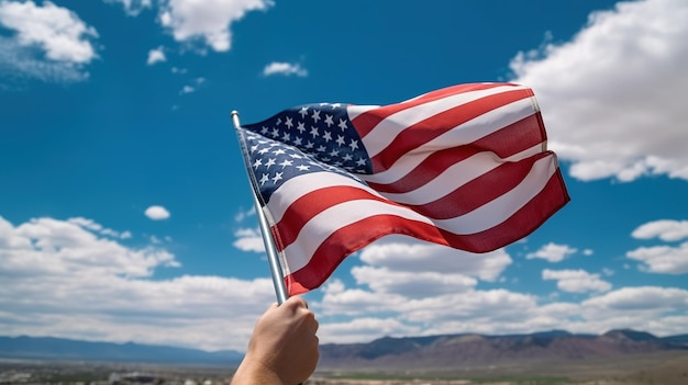 Proudly waving the stars and stripes in the clear blue sky