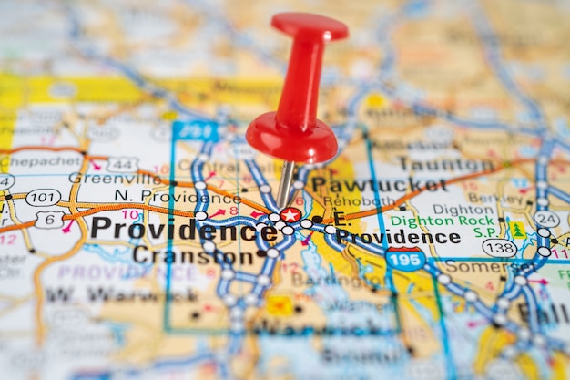 Providence, Rhode Island, road map with red pushpin.