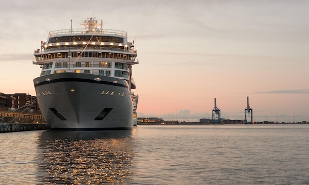 Prow of cruise ship moored in Copenhagen harbour