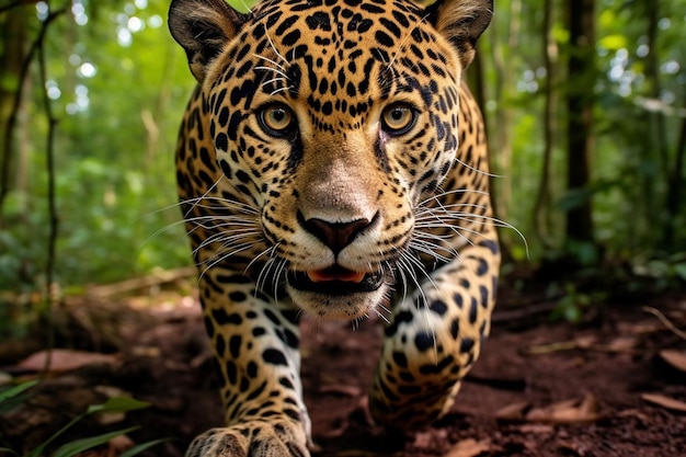 Photo a prowling jaguar in a south american rainforest