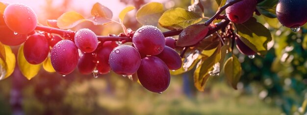 Pruim groeit aan een boom in een oogsttuin Generatieve Ai