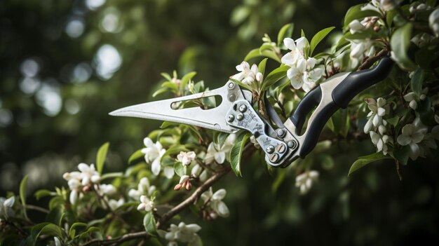 Pruning branch with secateurs