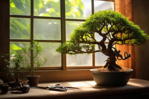 Pruning shears and bonsai tree in natural light created with generative ai