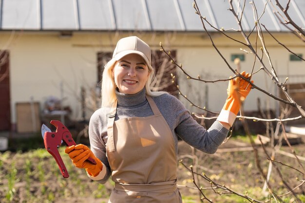 Pruning trees in autumn garden. Close-up of hands in yellow gloves and pruning shears trimming old branches.