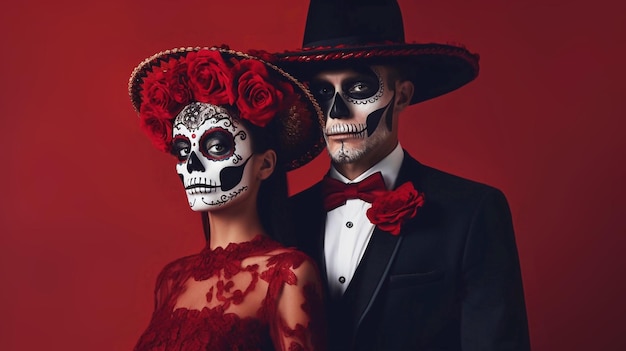 PSD bewerkbaar suikerschedelpaar met sombrerohoeden Dia de los muertos Day of The Dead