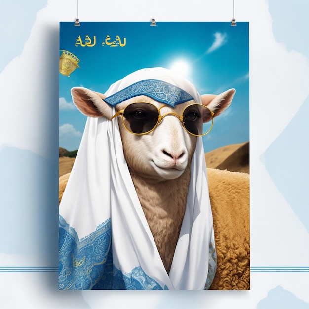 Psd eid mubarak eid al adha banner or poster with sheep wearing glasses happy eid ul adha mubarak