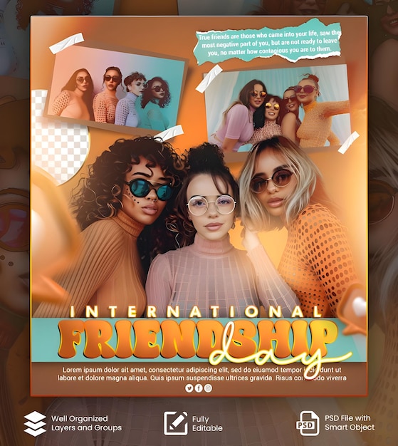 PSD Friendship day celebration poster template with group of friend Friendship collage background