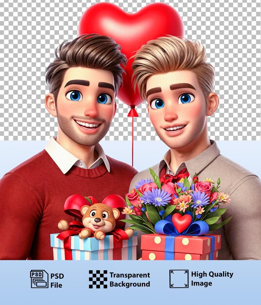 PSD homosexual couple of man happily giving each other gifts for Valentines Day Generative AI