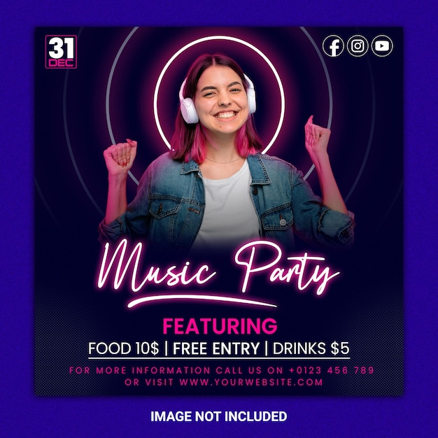 PSD music party social media post and template