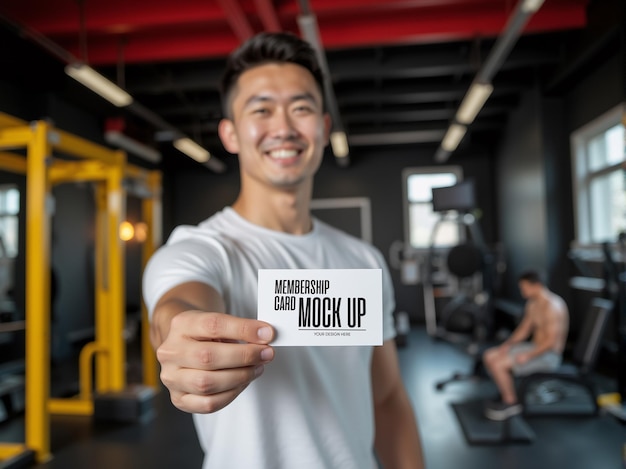 PSD Smiling Asian personal trainer showing blank business card at modern fitness gym