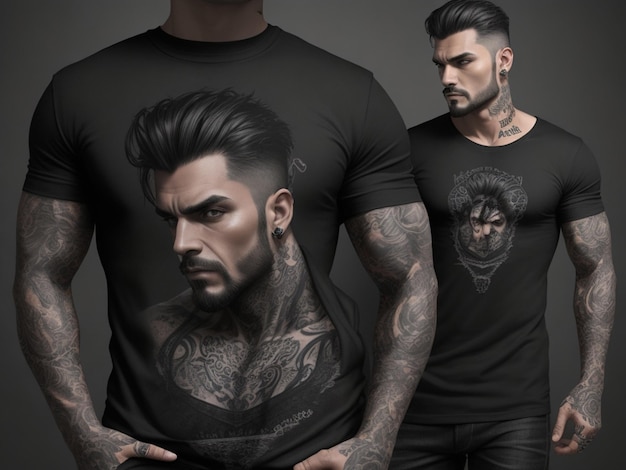 PSD zwarte t-shirt voor mannen mockup psd op getatoeëerd model