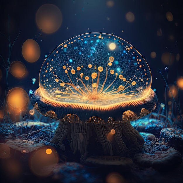 Photo psilocybe mushroom glowing spores in bokeh blurred bubbles ai generated illustration psychedelic fungi cartoon psilocybe mushroom magic spores fungi cartoon forest mushroom