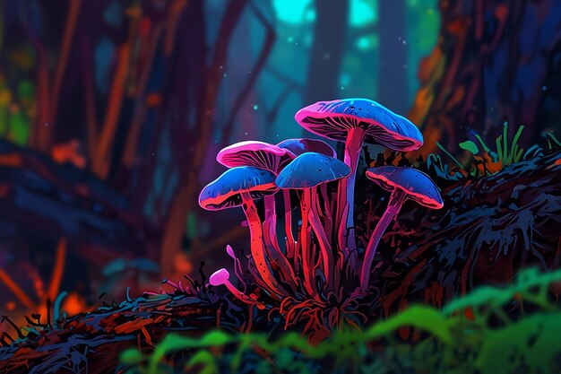 Psilocybe semilanceata paddenstoelen in neon stijl