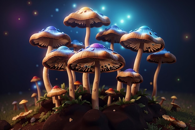 3D 일러스트레이션: 마법의 버섯 (마법 버섯) 은 섭취 시 psilocybin으로 변하고 사이키델릭 효과를 유발하는 psilocin을 함유 한 버섯 그룹입니다.