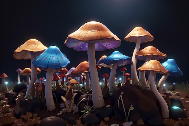 Псилоцибинные грибы 3D-иллюстрация Обычно известные как волшебные грибы группа грибов, которые содержат псилоцибин, который превращается в псилоцин при поглощении и вызывает психоделические эффекты