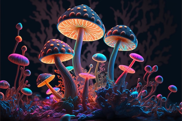 정신 건강 문제를 치료하는 방법으로 psilocybin 치료 (Psylocybin Psychotropic Magic: Psilocybin Mushrooms on Dark Neon Background)
