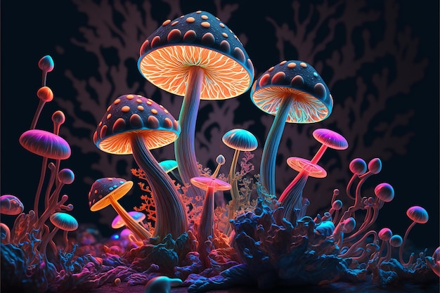 Psilocybin therapy as treatment of mental health challenges Psilocybin psychotropic magic psilocybin mushrooms on dark neon background Generative AI