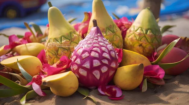 Photo psychedelic art of a dragon fruit in a tropical beach party