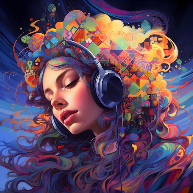 Psychedelic art of girl listening to music