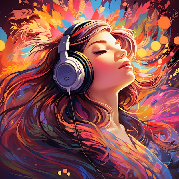 音楽を聴く女の子のサイケデリックな芸術