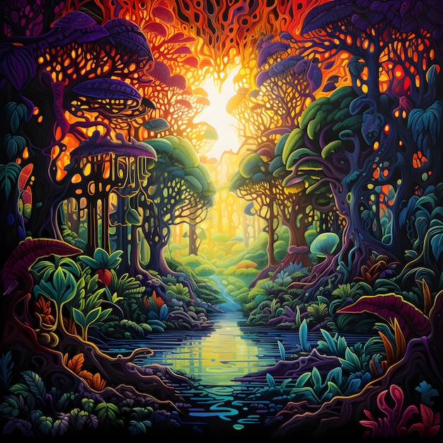 Photo psychedelic art of mushroom jungle