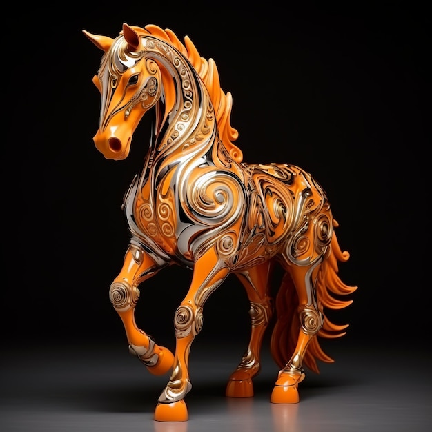 Psychedelic Art Nouveau Sculpture Large Orange Horse In Gold And Silver