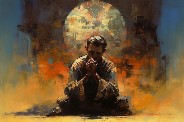 Psychedelic atmosphere composition person prays spreading vibrations around him