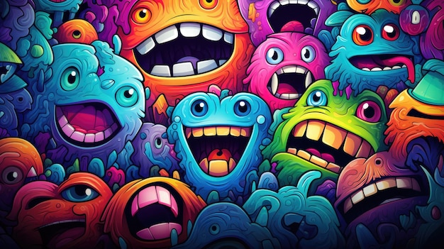 A psychedelic background with a mix of emoji faces and shapes