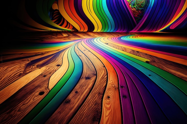 A psychedelic background with a wood floor in an abstract artwork