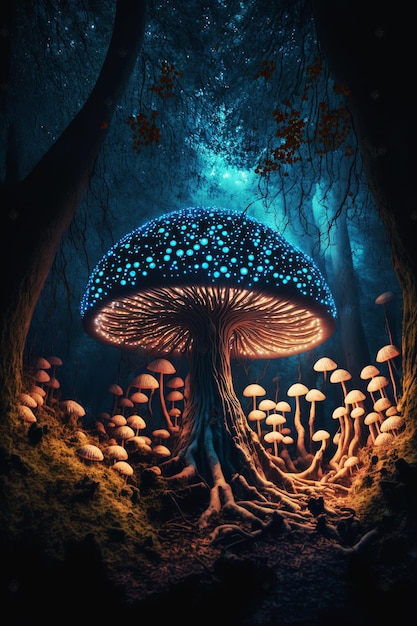 psychedelic bioluminescent mushrooms in the dark forest