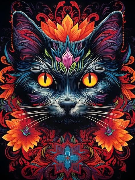 Психоделическая черная кошка абстрактная красочная иллюстрация