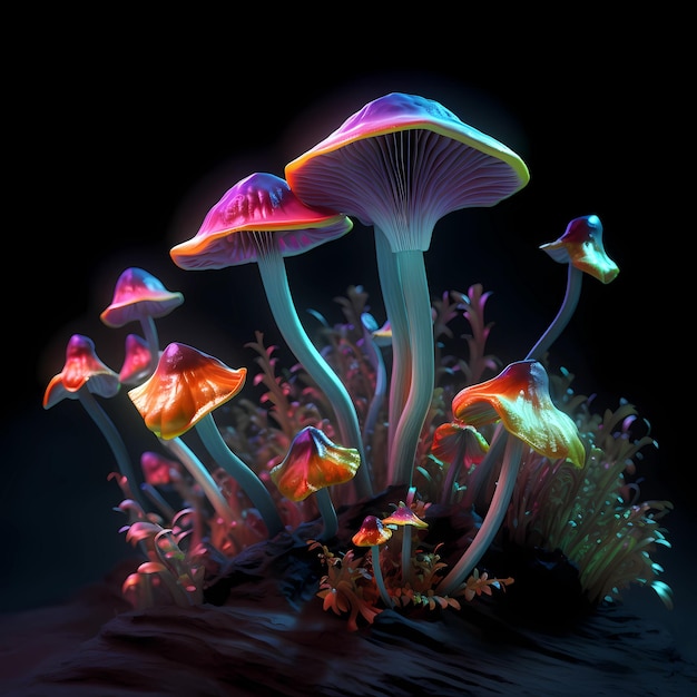 Psychedelic colorful neon light effect mushrooms Beautiful macro shot of magic mushroom