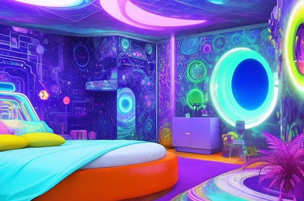 Psychedelic cyberspace oasis futuristic bedroom with mind bending art