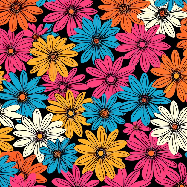 Psychedelic daisies flowers background pattern wallpaper vector old fashioned