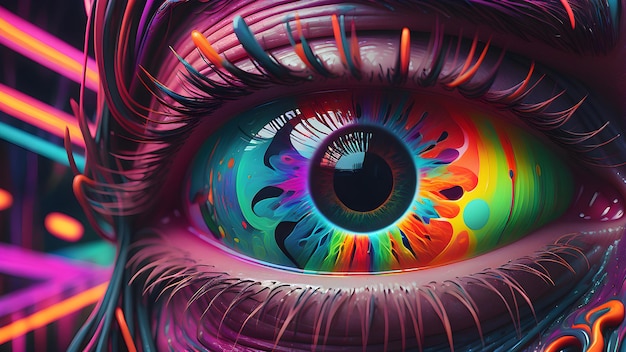 Психоделический глаз, наполненный абстрактными неоновыми полосами на фоне яркого неонового мира.