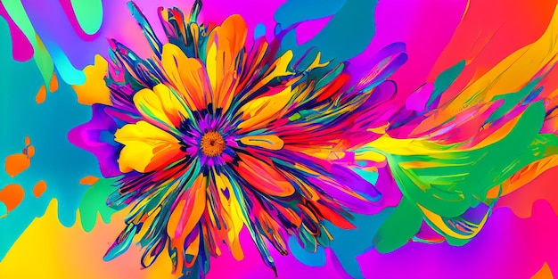 Psychedelic flower Beautiful abstract colorful flower design wide image banner generative ai