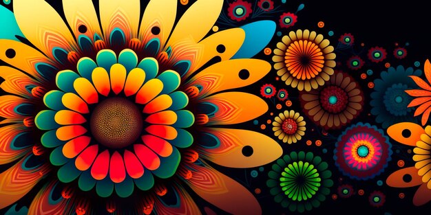 Psychedelic flower patterns on a bright background Generative AI