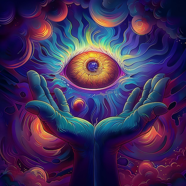 psychedelic illustration of a hand holding a glowing eye in the sky generative ai