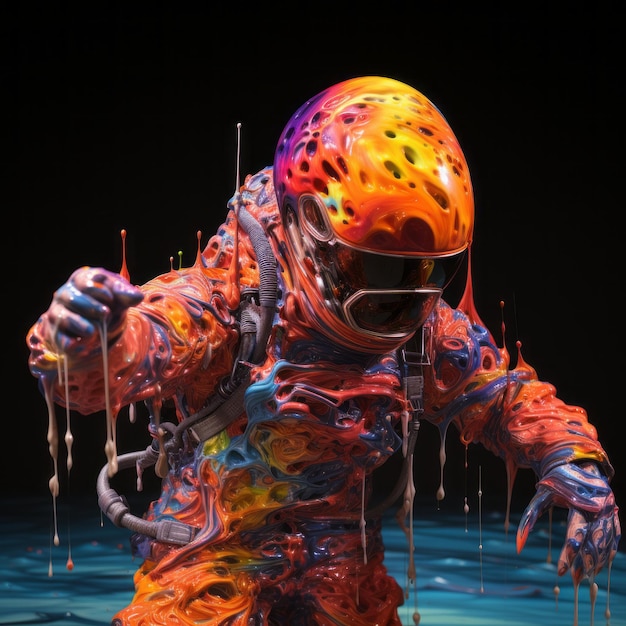 Photo psychedelic illustration painting a spacesuit with orange paint