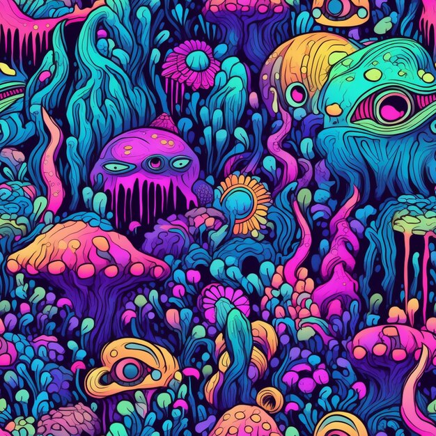 A psychedelic illustration of a sea creature with a blue background