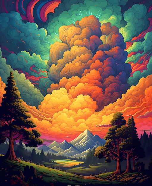 Psychedelic landscape with colorful clouds and trees AI Generative