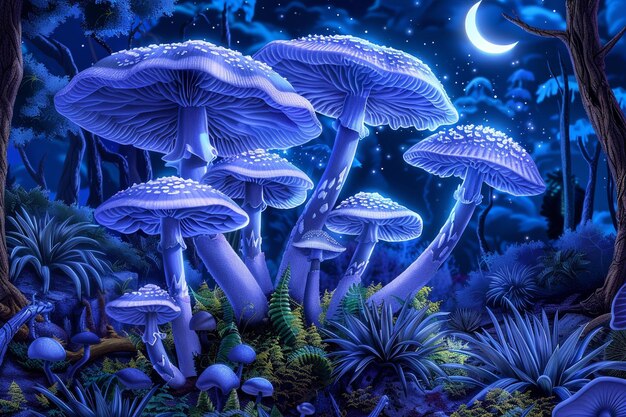 Photo a psychedelic landscape with cordyceps mushrooms glowing in the starlight