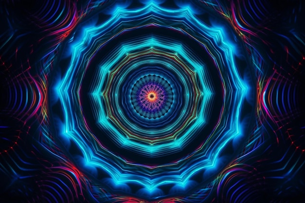 A psychedelic mandala with a blue circle and the words'light'on it