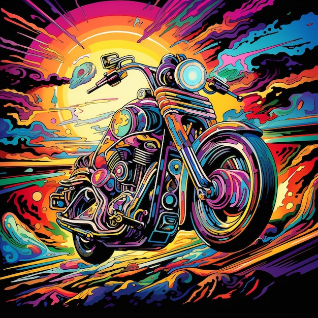 Photo psychedelic motor bike colorful image generative ai