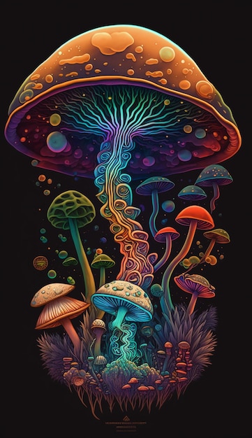 A psychedelic mushroom with a tree on it