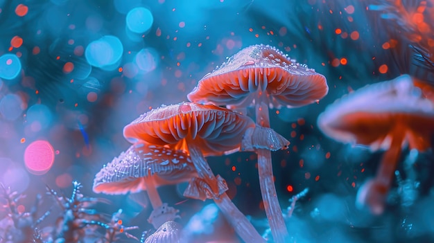 Psychedelic mushrooms in dreamy neon light closeup