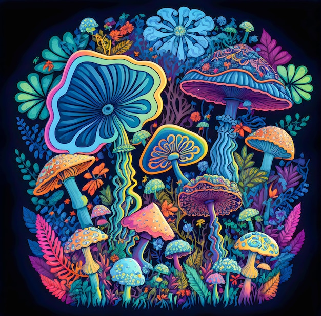 Psychedelic mushrooms limited colors pattern