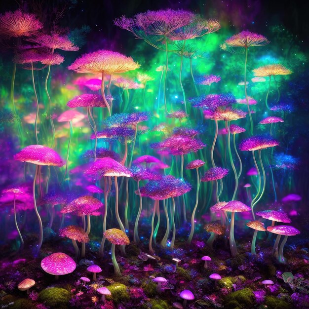 Psychedelic mushrooms in a neon forest Generative AI